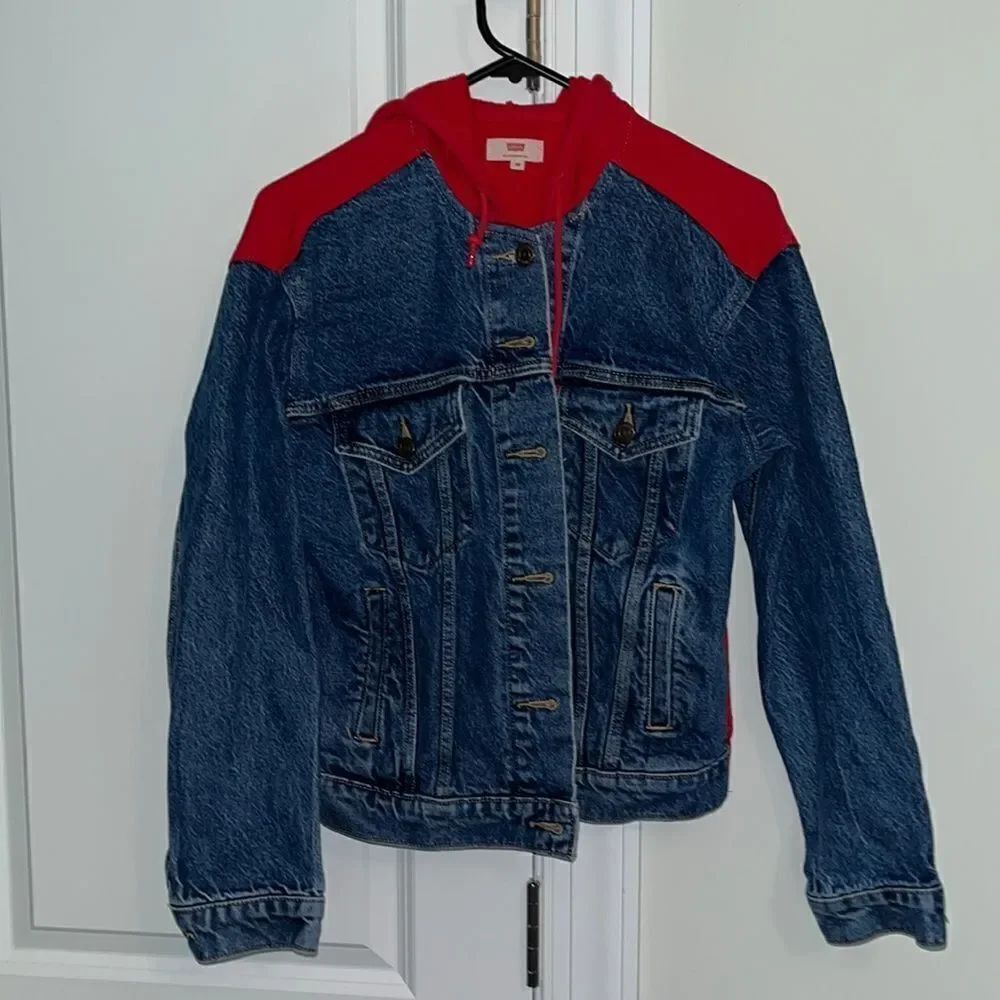 Levi's Hybrid Red Hooded Hoodie Denim Jeans Original Trucker Stud Coat Jacket XS